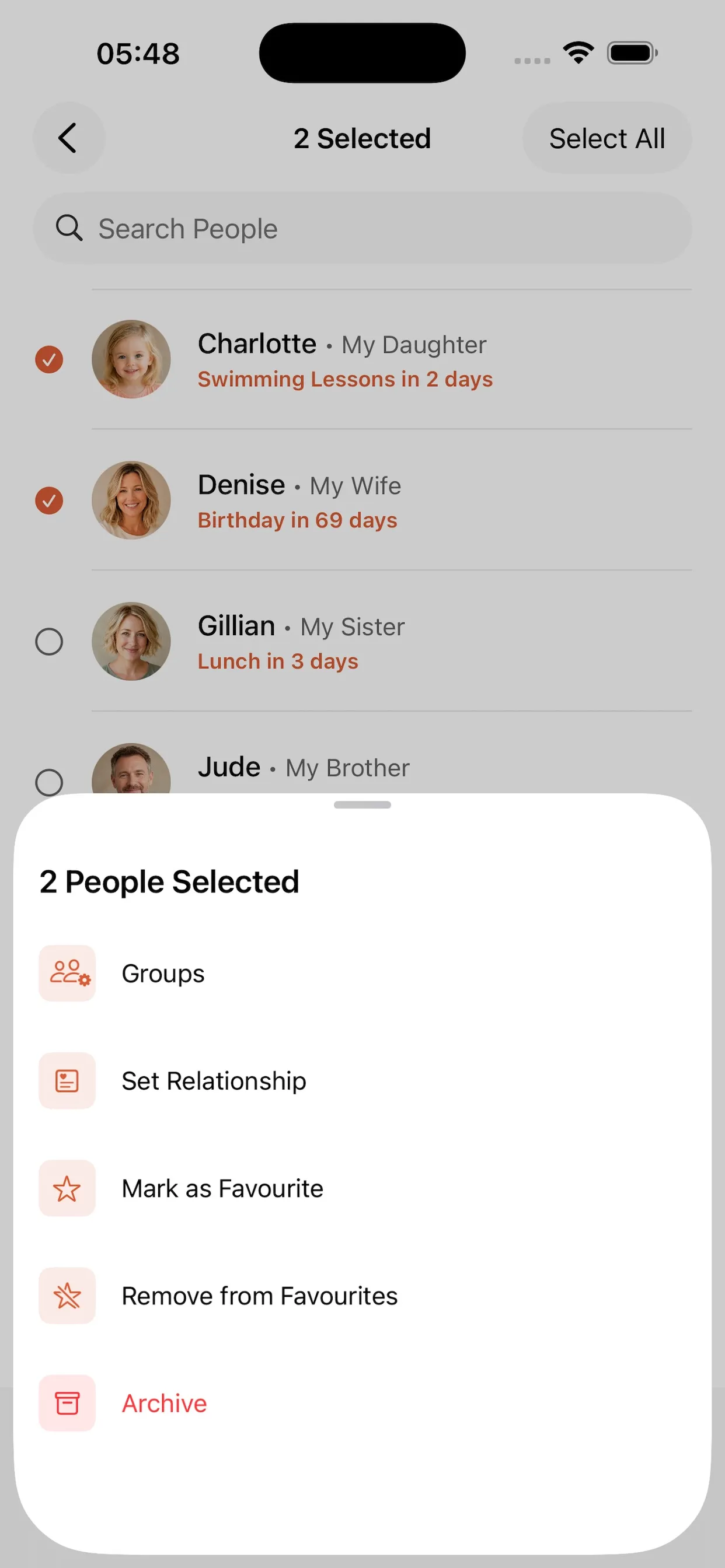 The People list in selection mode with two people ticked and actions for groups, relationships, favourites and archiving.