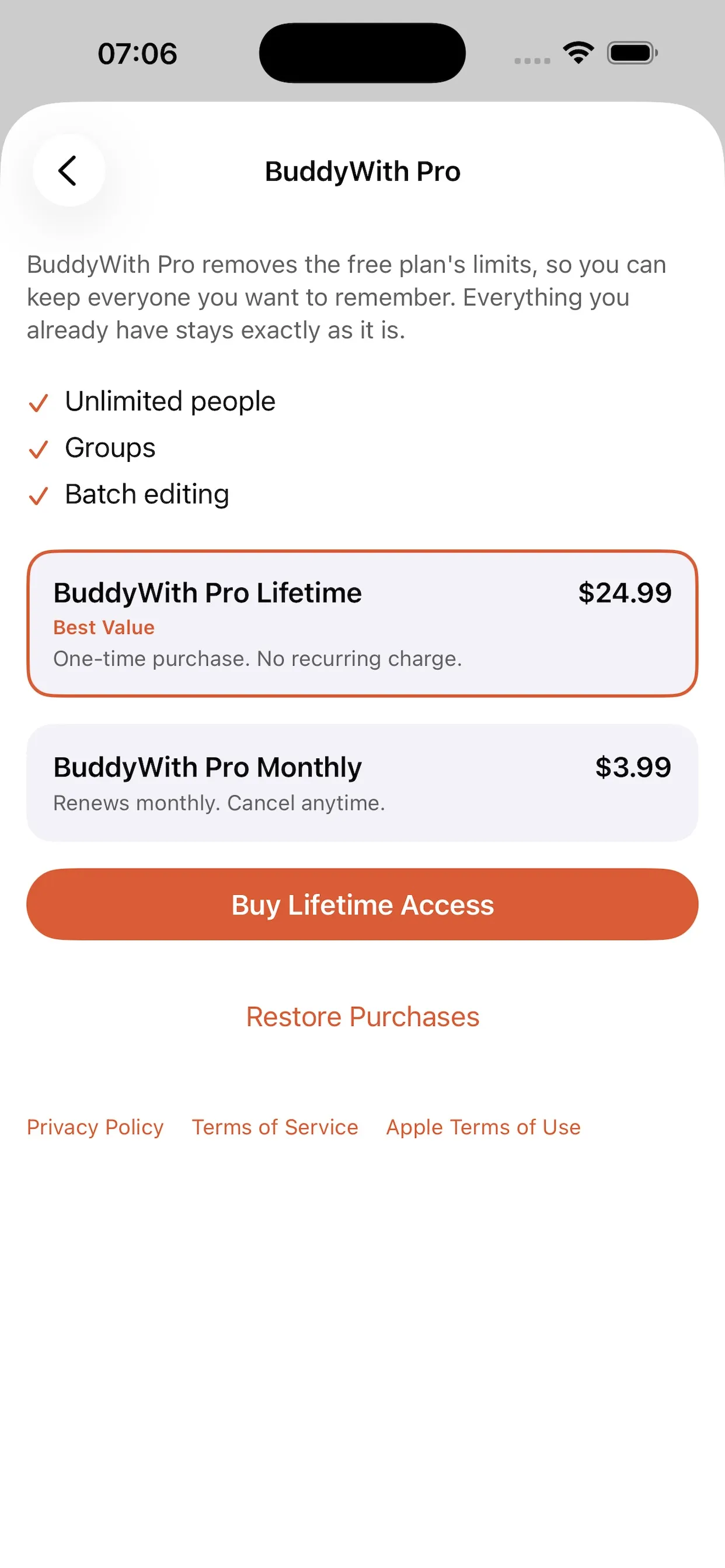 The BuddyWith Pro screen listing unlimited people, groups and batch editing, with lifetime and monthly options.