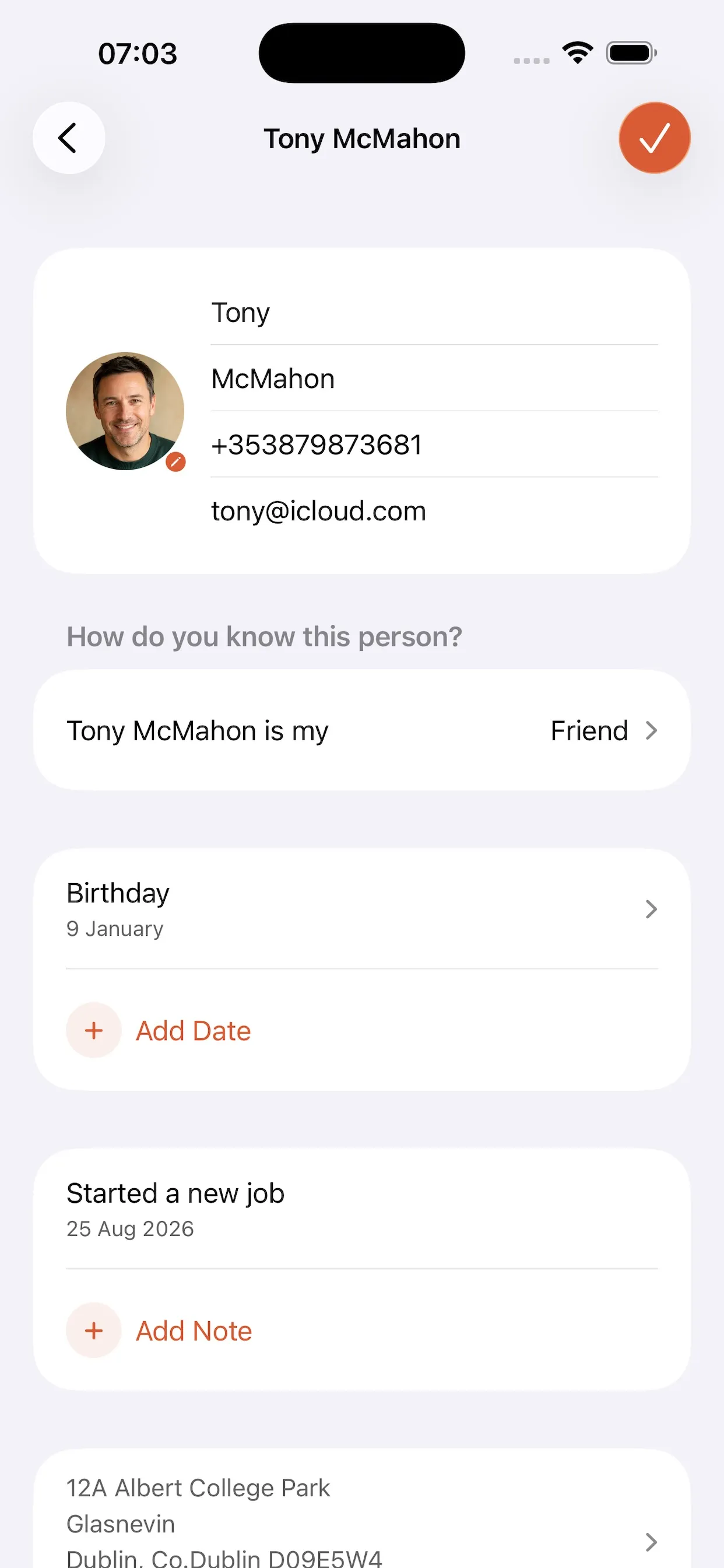 A person's BuddyWith record showing their photo, phone number, email, relationship, birthday and address.