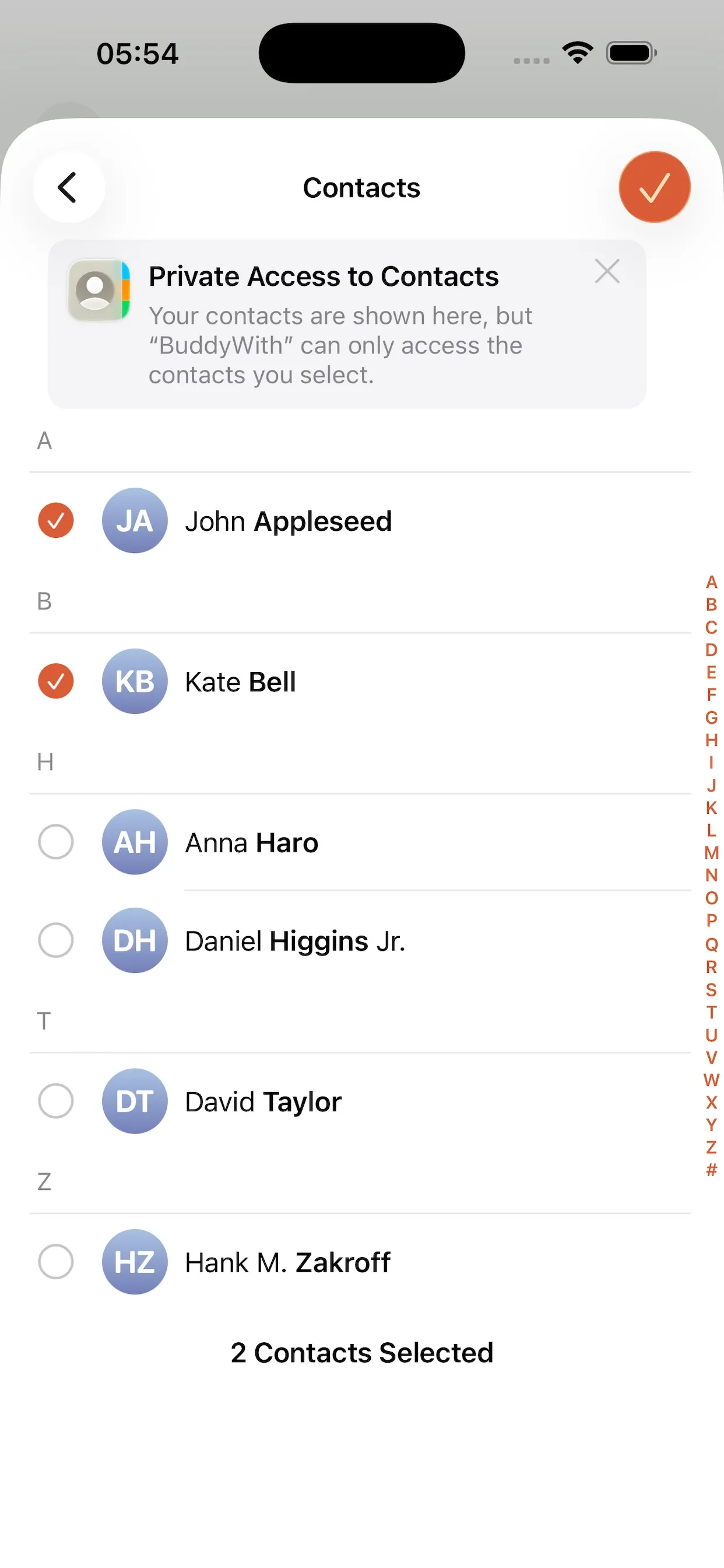 The contact import screen explaining that BuddyWith can only access the contacts you select, with two contacts ticked.