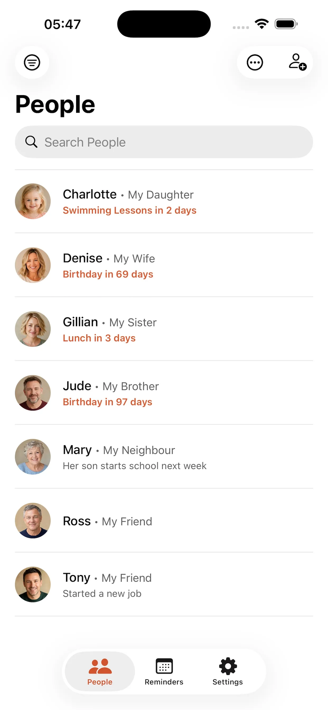 The BuddyWith People list showing people with photos, how each is related and their next upcoming date.