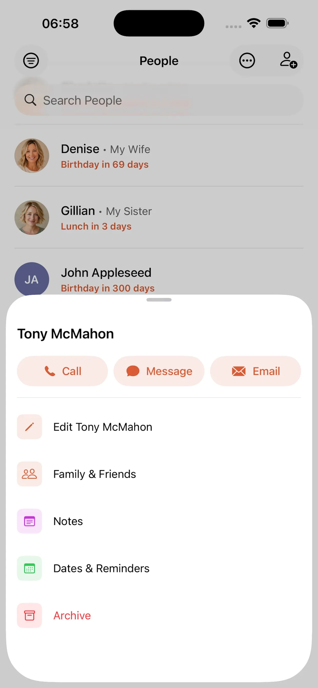 A person's quick actions sheet with Call, Message and Email buttons above Edit, Family & Friends, Notes, Dates & Reminders and Archive.