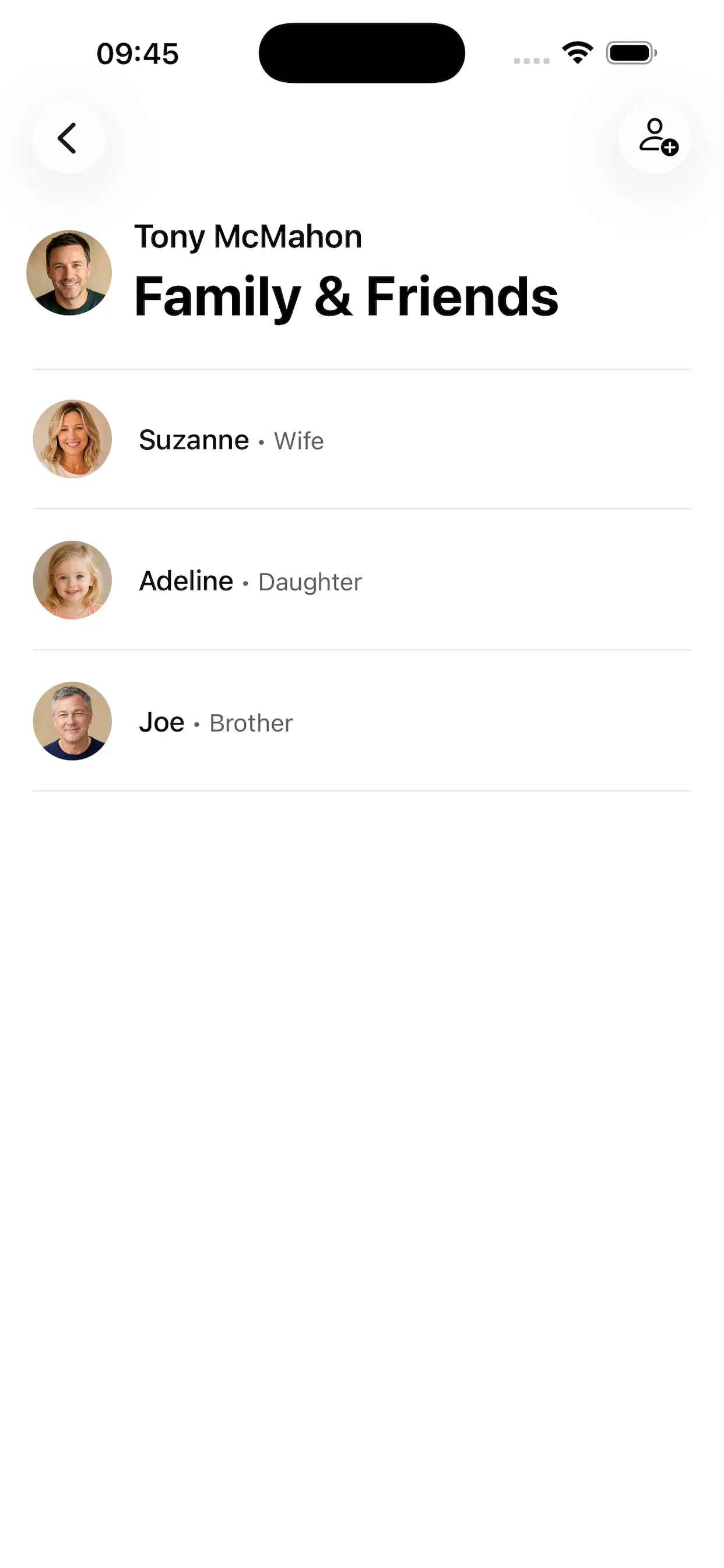 A person's Family & Friends screen listing their wife, daughter and brother with each relationship named.