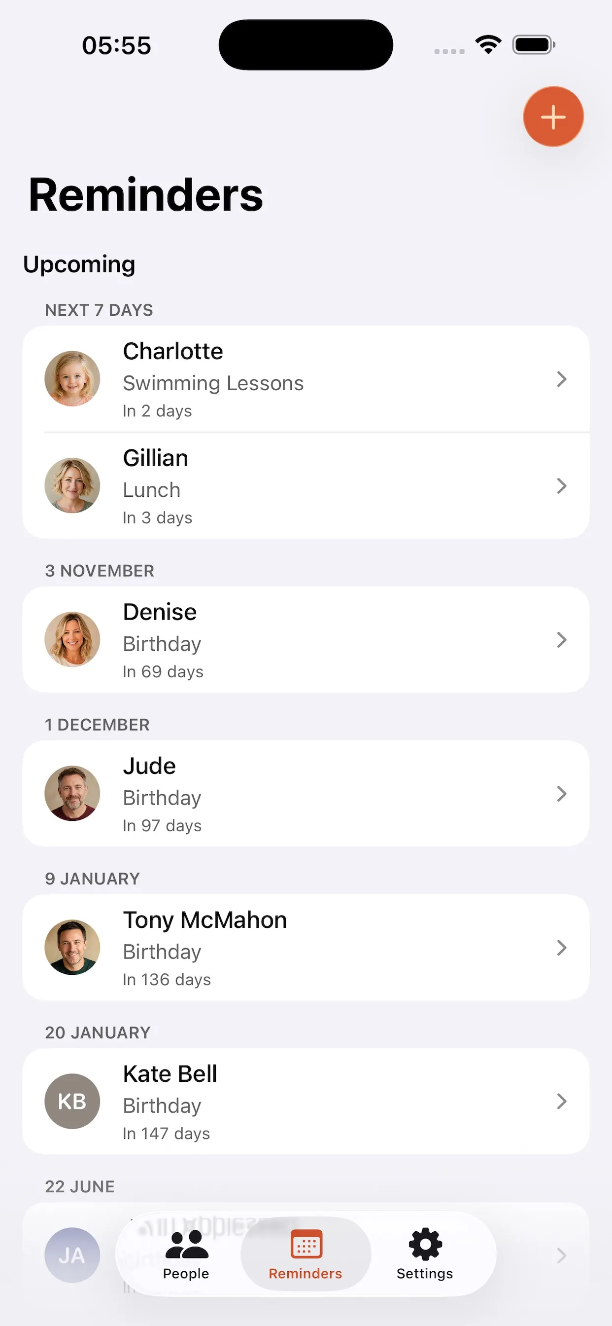 The BuddyWith Reminders tab listing upcoming birthdays and plans, each with how many days away it is.