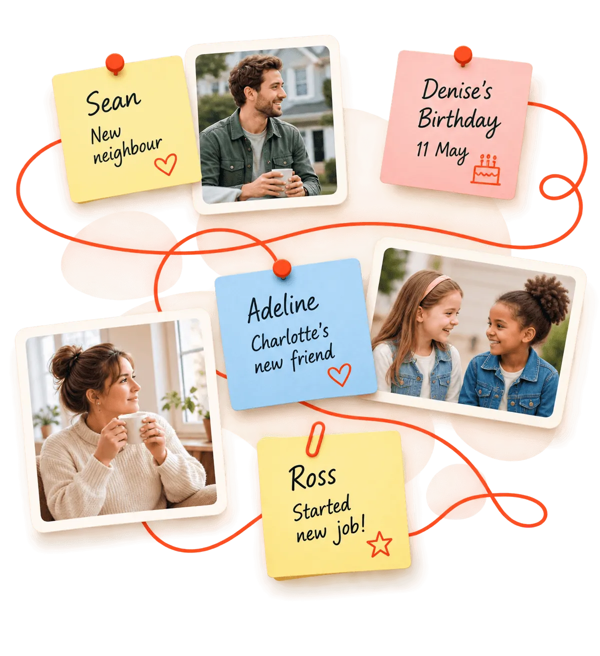 A pinboard of photos and handwritten notes about friends and neighbours, including a reminder that Denise's birthday is on 11 May.
